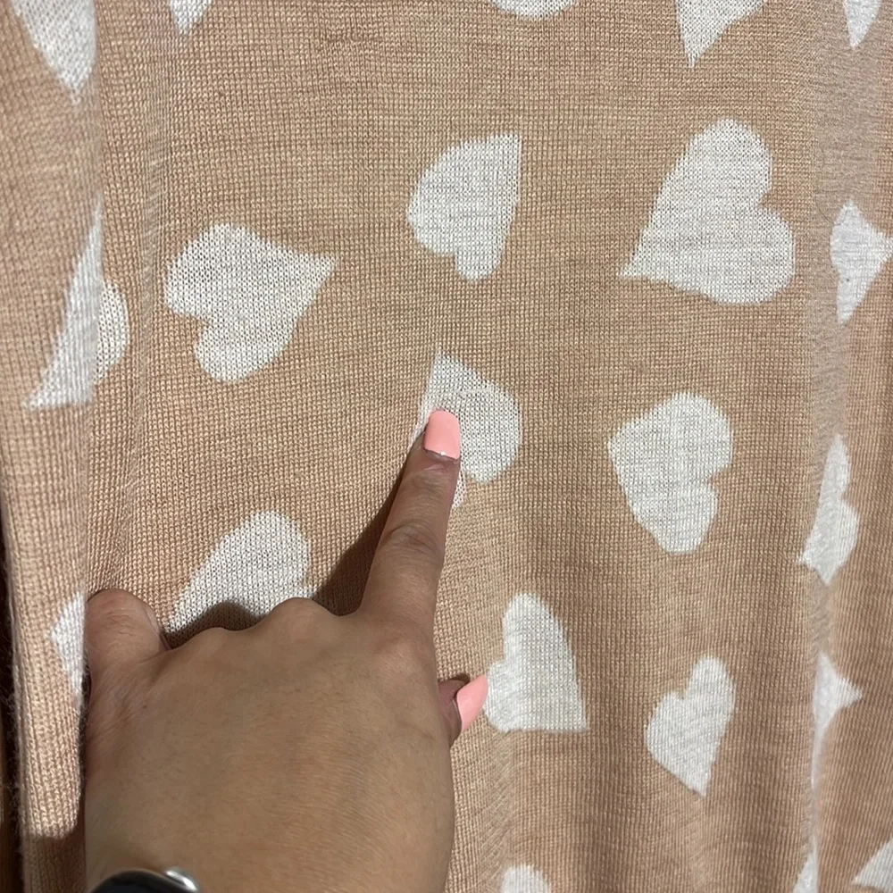 LOFT Nude Blush Pink White Hearts Ribbed Detail Crewneck Sweater Size L - Picture 7 of 9